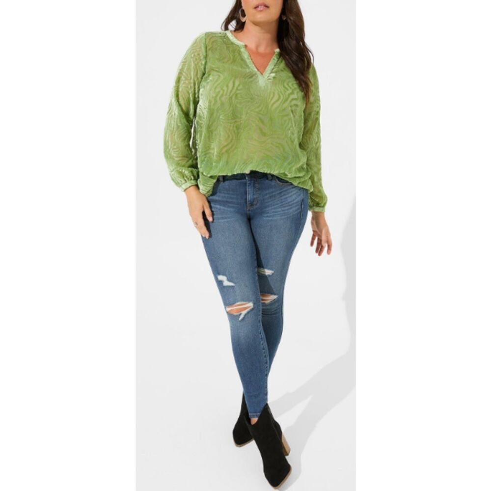 Torrid Velvet Burnout Pullover Long Sleeve Green Blouse Size 3